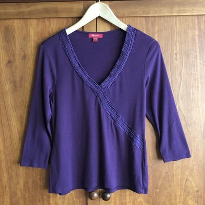 Monsoon Cotton Jersey Top Size 12-14 Purple Beaded Silk-Blend Trim 3/4-Sleeves - Image 1 of 4
