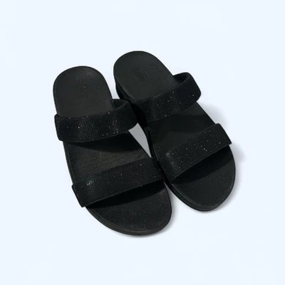 Босоножки Fitflop женские 6 Lulu Slide черные с двумя ремешками с открытым носком на танкетке пожалуйста прочтите - Изображение 1 из 4
