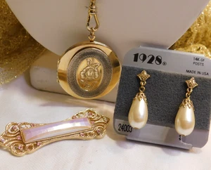 1928 Vintage LOTTO Foto Medaglione Ciondolo Collana - Spilla Barra - Orecchini Goccia - Foto 1 di 10