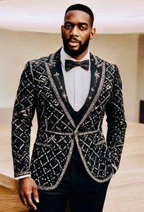 Luxury tailored three-piece suit in stretch wool with rhinestone embellishment. - Picture 1 of 3