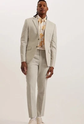 TED BAKER Suit 2 Piece Set Jacket UK M & Trousers 32" Dmaskj Cotton Linen Beige - Image 1 of 4
