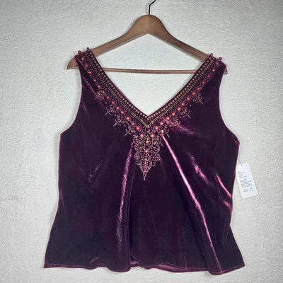 Vintage Burgundy Velvet NWT Women's 14 Beaded Sleeveless V-neck Top Lovely Brand - Image 1 of 4