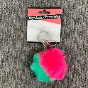 Fuzzy Pom Pom Keychain Two Tone Pink Green Faux fur Fluffy Silver Lobster Clasp - Picture 1 of 9