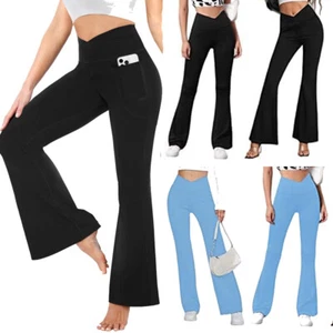 Womens Flare Leggings with Pockets High Waist Crossover Casual Bootleg Trousers - Picture 1 of 17