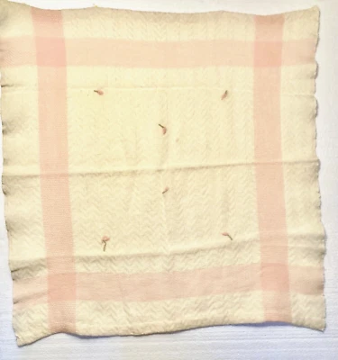 Vintage Baby Blanket Cream & Pink Embroidered Flower Buds 28” x 28” Square - Image 1 of 4