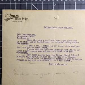 1921 Folsom CA Witmer's Drug Store Druggist Letterhead Letter - Picture 1 of 2