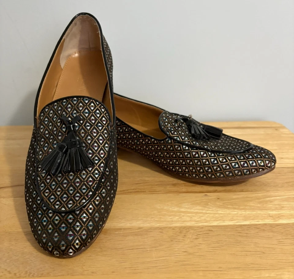 J. Mocasines Crew Jacquard Borla Negro Dorado Patrón Geométrico Talla 9 Dinero Antiguo Foto 1 de 4