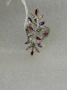 925 Multi Gemstone Sterling Silver Leaf Ring Size 8 - Picture 1 of 6