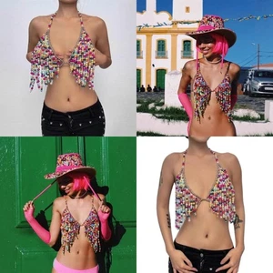 Women’s Beads Embellished Halter Neck Bra Stylish Swimwear Body Chain Design - Picture 1 of 9