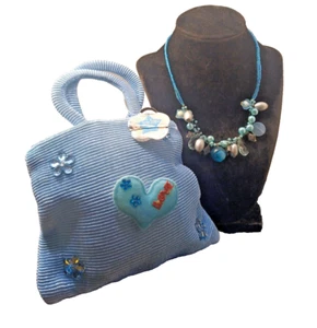 Little Girls Blue Fabric Purse Love Hearts and blue beaded Necklace 📅✝️⛪🥚 - Picture 1 of 2