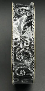 Save The Date 7/8-in x 15-ft Ribbon-Silver Glitter Swirl on Black Organza NEW - Picture 1 of 3