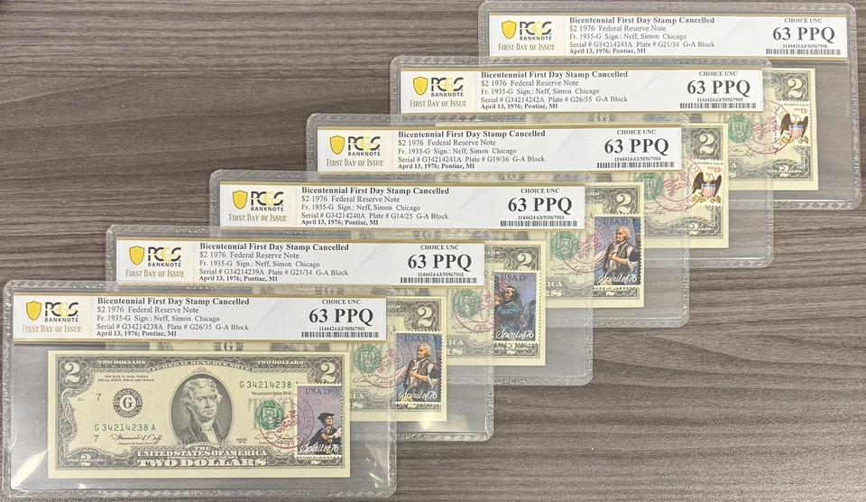 1976 $2 Two Dollar Bill - Stamped 4/13/1976 PCGS 63 PPQ FDOI 6 Consecutive SN - Image 1 of 1