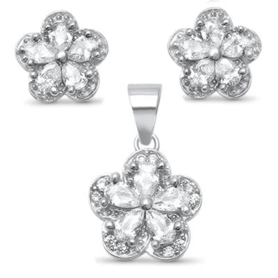 Flower Halo Cubic Zirconia Solitaire .925 Sterling Silver Earring and Pendant Se - Image 1 of 2