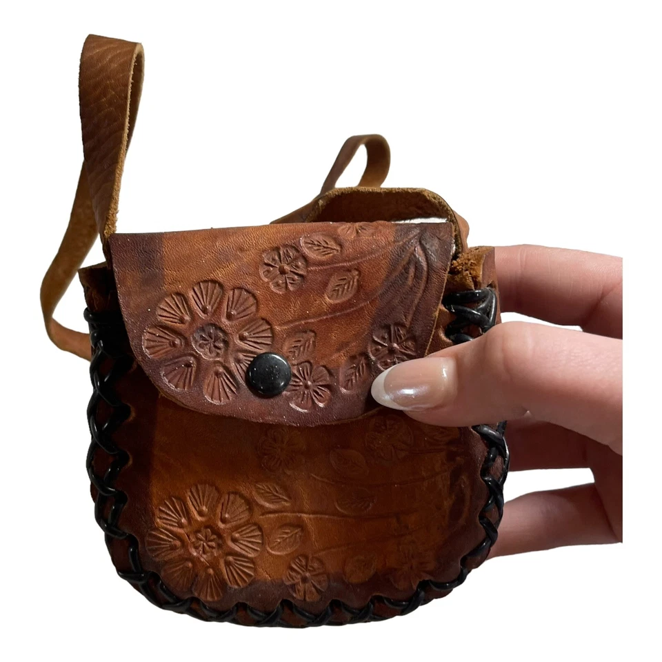 Bolso Monedero Vintage Floral Cuero Tooled Identificación 4" Miniatura Niñas VER Foto 1 de 4