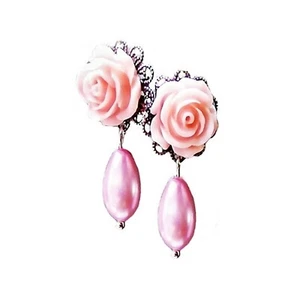 Earrings pink rose and pearl petite drop, choose clip on or pierced fittings - Picture 1 of 6