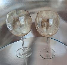 PAIR 2 LENOX AMBER BRITISH COLONIAL PALM TREES CUT ETCHED BALLOON WINE GLASSES