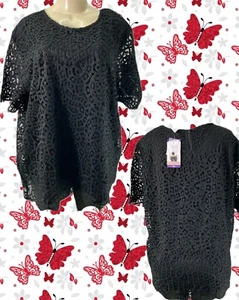 Philosophy Plus XXL Black Lined Lace Scallop Trim Scoop Neck Short Sleeve Blouse - Picture 1 of 6