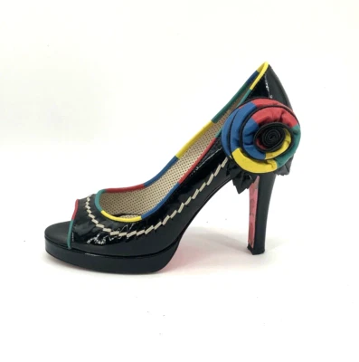 Betsey Johnson Black Womens 7.5 Open Peep Toe High Heels Shoes Multicolor Floral - Image 1 of 4