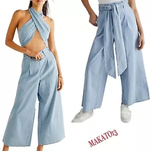Free People Größe LARGE Sasha wandelbarer Jeans-Overall mit weitem Bein und Tasche - Bild 1 von 8