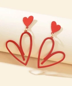 Big Red Heart Earrings - Large Dangle Drop Earrings - Chunky Earrings - Picture 1 of 4