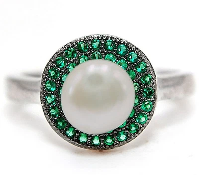 Fresh Water Pearl & Treated Emerald 925 Solid Sterling Silver Ring Sz 8 MK6-1 - Image 1 of 3