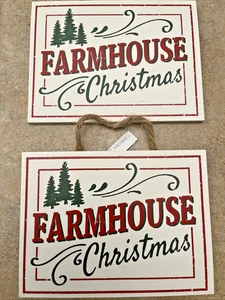 Set of Two Farmhouse Christmas Sign or Tree Ornament with Trees New with Tags - Picture 1 of 3