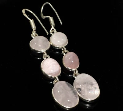 Large Rose Quartz 925 Silver Plated Gemstone Handmade Earrings 2.5" JW - Image 1 of 3