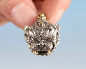 Rare Chinese miao silver OLD hand carved lion statue pendant necklace bell - Picture 1 of 6