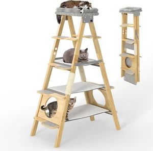 GDLF Modern Wood Cat Tree Tower,  Foldable Ladder Design, Hammock & Scratch Post - Picture 1 of 8