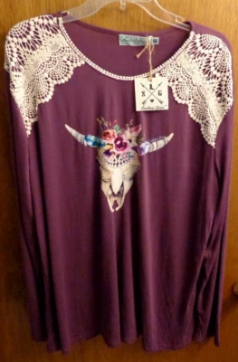 Nuevo Top Southern Grace Púrpura Gráfico Cabeza de Dirección Crochet Ribete Mujer 2XL 48" ch Foto 1 de 4