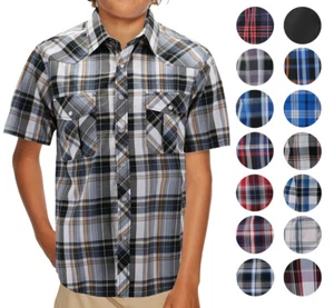 Boy’s Western Pearl Snap Button Down Casual Short Sleeve Plaid Cowboy Shirt - Picture 1 of 24