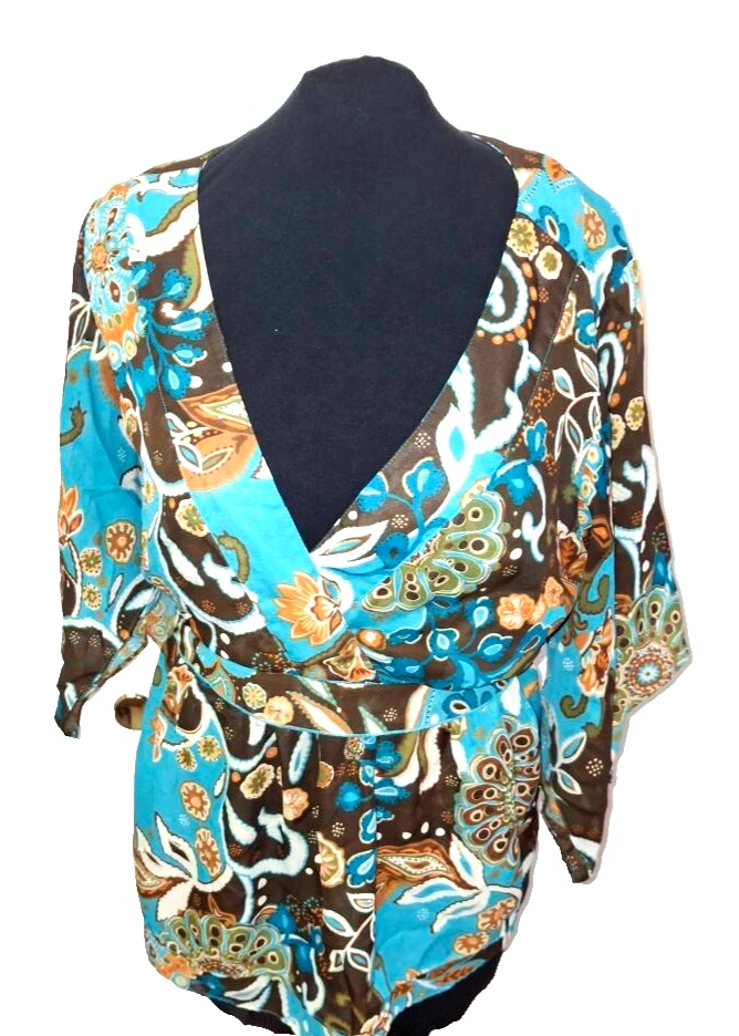 Metro7 Top 女式 2X 蓝色花卉帝国腰绑带 S/S 美国发货 — 第 1/4 张图片