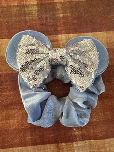 Minnie Mouse Ear Scrunchie Sequins Bow Hair Tie Disney Vibes - Blue & Silver - Picture 1 of 5