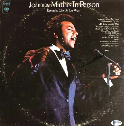 Johnny Mathis Signed Autographed Vinyl Record Beckett Live at Las Vegas Cover