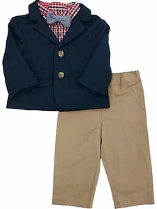 Infant Boys Dress Up Blue Jacket Khaki Pants & Bow Tie Outfit Set 12M - Picture 1 of 1