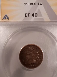 1908 S INDIAN HEAD CENT. A KEY DATE. A BEAUTIFUL EF- 40 GRADE BY ANACS. WOW! - Picture 1 of 2