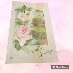 1900s Stecher Hearty Greetings Postcard Pink Roses - Picture 1 of 2