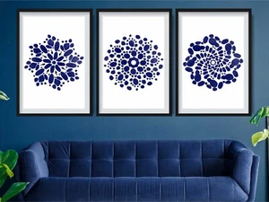 Set di 3 stampe - arte da parete boho blu indaco astratta blu navy - Foto 1 di 5