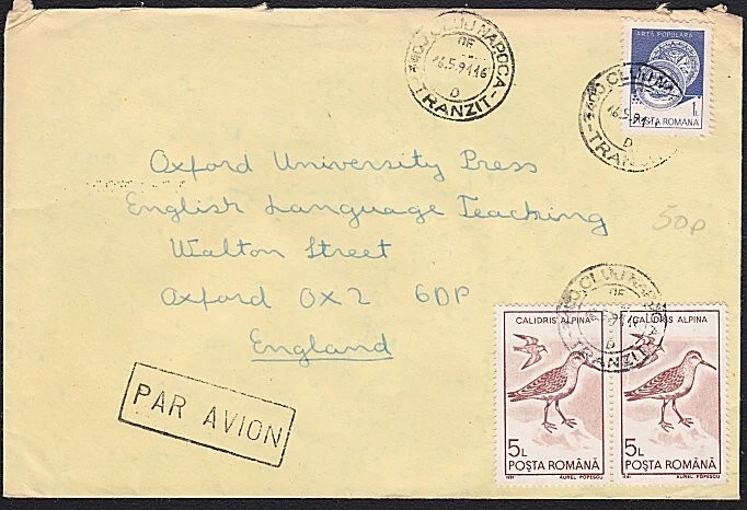 RUMANIA 1991 portada a Reino Unido - bonito franqueo - pájaros.......................B7288 Foto 1 de 1