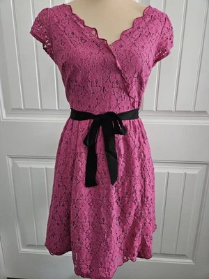 ELLE Pink Gold Shimmer Lace Fit N Flare Party Cocktail Dress Sz 8 Lined Belted - Image 1 of 4