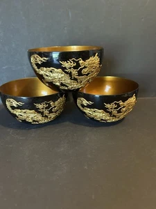 Set Of 3 Vtg Gold Dragon Embossed Lacquerware rice Bowls Koi Fish Interior - Picture 1 of 4