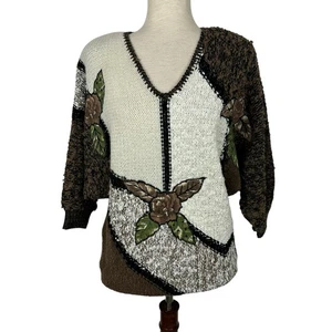 Vintage 80er Pullover Oberteil Damen mittelbraun creme Blumen Art to Wear Mixed Media - Bild 1 von 14