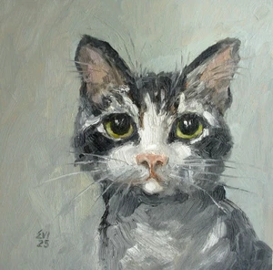 Tablero de lienzo arte de pared pintura al óleo original gato blanco y negro 10x10 pulgadas - Imagen 1 de 3