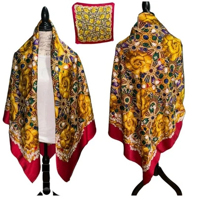 Chanel XLarge Icónico 54” 134 cm Bufanda Envoltura Mantón de Seda Joya Motivo Camelia Rojo Foto 1 de 4