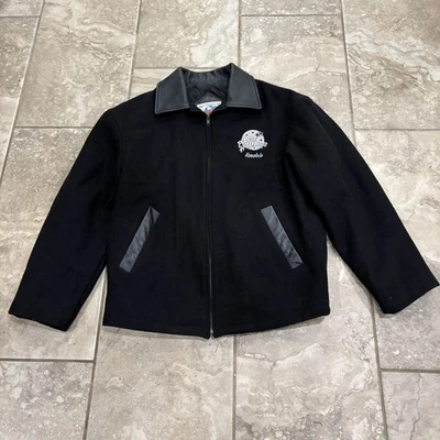 Casaco PLANET HOLLYWOOD Honolulu couro preto lã Varsity jaqueta bombardeiro P vintage - Imagem 1 de 4