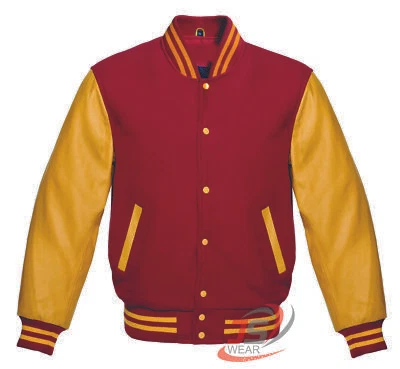 Varsity Bomber Letterman Maroon Wool & Cowhide Gold Leather Sleeves Jackets - Image 1 of 3