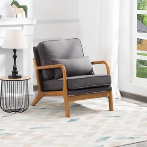 Accent Chair Mid-Century Modern Chair with Pillow Arm Chair Solid Wood Frame - Picture 1 of 42