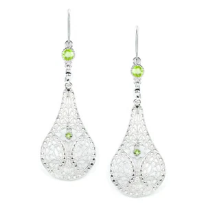 PERIDOT FILIGREE EARRINGS STERLING SILVER DANGLE TEARDROP VINTAGE STYLE GREEN - Picture 1 of 1