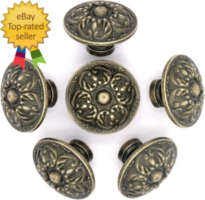 6 Pcs Vintage Antique Brass Knobs Handles Pulls with Flower Pattern for Cabinet - Picture 1 of 8