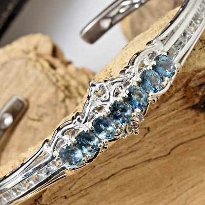 Brazalete de zafiro de Ceilán, topacio blanco platino sobre plata de ley 7,25" TGW 6 cts Foto 1 de 4